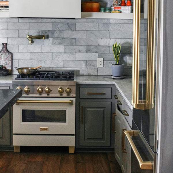 ZLINE Autograph Edition 30 in. 4.0 cu. ft. Legacy Dual Fuel Range with 4 Burner Gas Cooktop and Electric Convection Oven in Stainless Steel with White Matte Door and Champagne Bronze Accents, Open Box-Great Condition