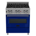 ZLINE 30 in. 4.0 cu. ft. Legacy Dual Fuel Range with 4 Burner Gas Cooktop and Electric Convection Oven in DuraSnow® Stainless Steel and Blue Gloss Door (RAS-BG-30) front, oven closed.