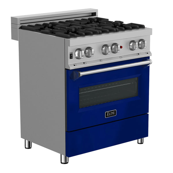 ZLINE 30 in. 4.0 cu. ft. Legacy Dual Fuel Range with 4 Burner Gas Cooktop and Electric Convection Oven in DuraSnow® Stainless Steel and Blue Gloss Door (RAS-BG-30) side, oven closed.