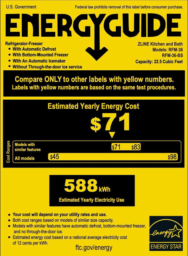 ZLINE 36 in. Freestanding French Door Refrigerator with Ice Maker in Fingerprint Resistant Stainless Steel (RFM-36) Energy Guide Certification