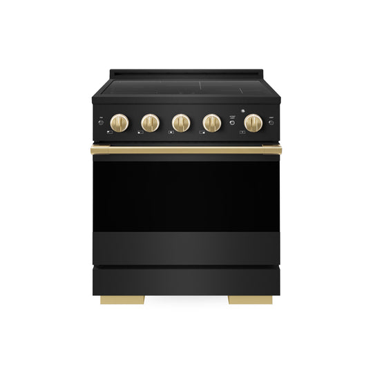 ZLINE Autograph Edition 30 in. 4.2 cu. ft. Marino Induction Range with 4 Element Cooktop and Electric Convection Oven in Black Stainless Steel with Polished Gold Accents (MINRBZ-30-G)