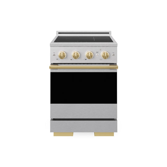 ZLINE Autograph Edition 24 in. 3.2 cu. ft. Marino Induction Range with 3 Element Cooktop and Electric Convection Oven in Satin Stainless Steel with Polished Gold Accents (MINRSZ-24-G)