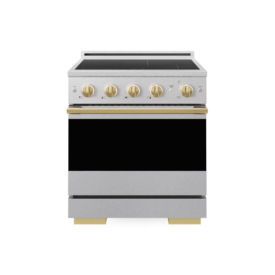 ZLINE Autograph Edition 30 in. 4.2 cu. ft. Marino Induction Range with 4 Element Cooktop and Electric Convection Oven in Satin Stainless Steel with Polished Gold Accents (MINRSZ-30-G)
