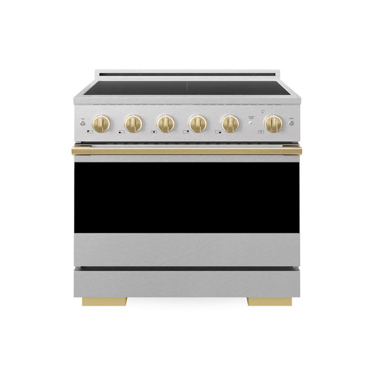 ZLINE Autograph Edition 36 in. 5.2 cu. ft. Marino Induction Range with 5 Element Cooktop and Electric Convection Oven in Satin Stainless Steel with Polished Gold Accents (MINRSZ-36-G)