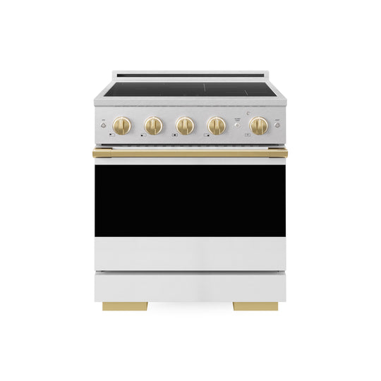 ZLINE Autograph Edition 30 in. 4.2 cu. ft. Marino Induction Range with 4 Element Cooktop and Electric Convection Oven in Satin Stainless Steel with White Matte Door and Polished Gold Accents (MINRSZ-WM-30-G)