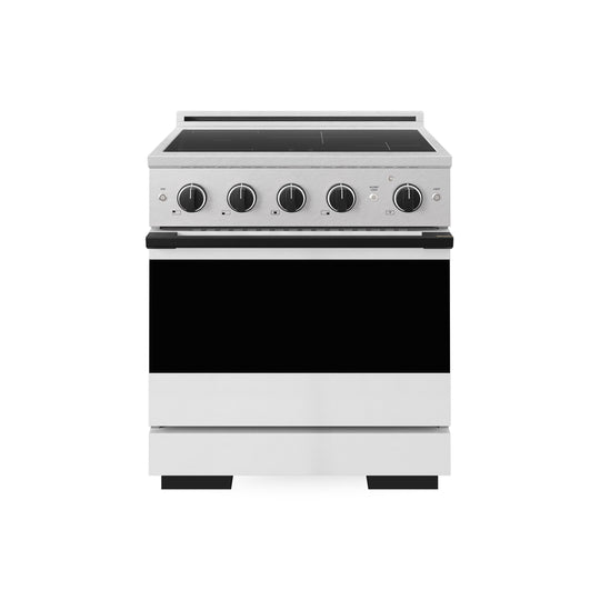 ZLINE Autograph Edition 30 in. 4.2 cu. ft. Marino Induction Range with 4 Element Cooktop and Electric Convection Oven in Satin Stainless Steel with White Matte Door and Matte Black Accents (MINRSZ-WM-30-MB)