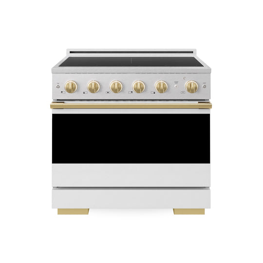 ZLINE Autograph Edition 36 in. 5.2 cu. ft. Marino Induction Range with 5 Element Cooktop and Electric Convection Oven in Satin Stainless Steel with White Matte Door and Polished Gold Accents (MINRSZ-WM-36-G)