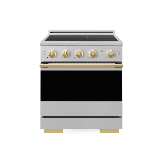 ZLINE Autograph Edition 30 in. 4.2 cu. ft. Marino Induction Range with 4 Element Cooktop and Electric Convection Oven in Stainless Steel with Polished Gold Accents (MINRZ-30-G)