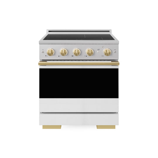 ZLINE Autograph Edition 30 in. 4.2 cu. ft. Marino Induction Range with 4 Element Cooktop and Electric Convection Oven in Stainless Steel with White Matte Door and Polished Gold Accents (MINRZ-WM-30-G)