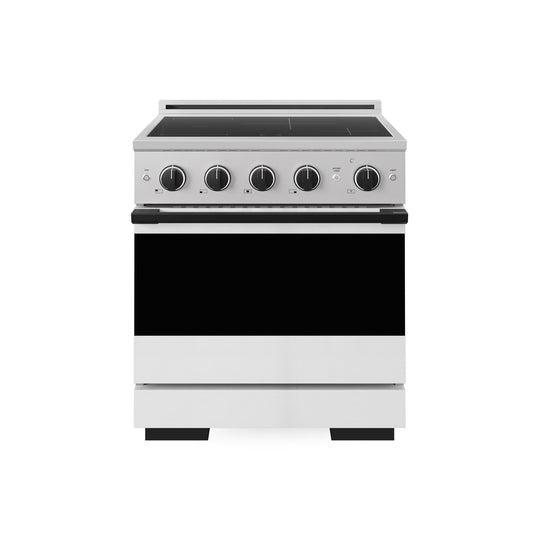ZLINE Autograph Edition 30 in. 4.2 cu. ft. Marino Induction Range with 4 Element Cooktop and Electric Convection Oven in Stainless Steel with White Matte Door and Matte Black Accents (MINRZ-WM-30-MB)