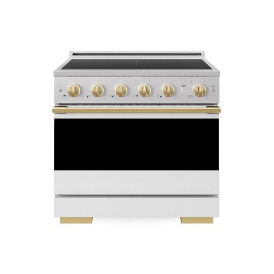 ZLINE Autograph Edition 36 in. 5.2 cu. ft. Marino Induction Range with 5 Element Cooktop and Electric Convection Oven in Stainless Steel with White Matte Door and Polished Gold Accents (MINRZ-WM-36-G)