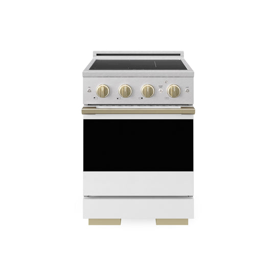 ZLINE Autograph Edition 24 in. 3.2 cu. ft. Marino Induction Range with 3 Element Cooktop and Electric Convection Oven in Satin Stainless Steel with White Matte Door and Champagne Bronze Accents (MINRSZ-WM-24-CB)