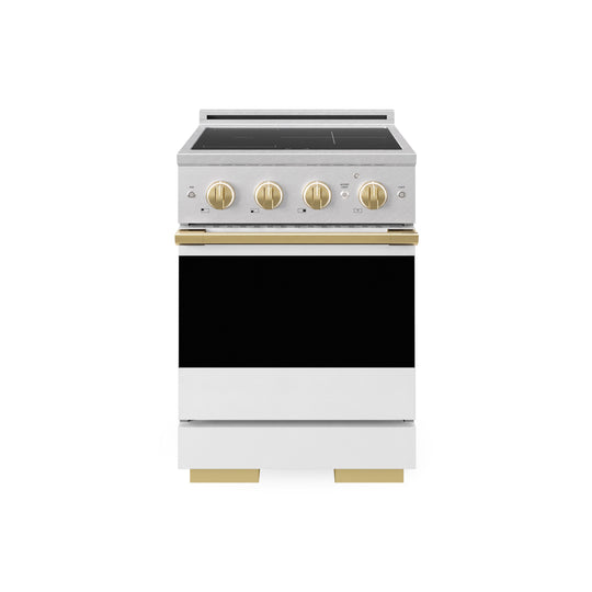 ZLINE Autograph Edition 24 in. 3.2 cu. ft. Marino Induction Range with 3 Element Cooktop and Electric Convection Oven in Satin Stainless Steel with White Matte Door and Polished Gold Accents (MINRSZ-WM-24-G)