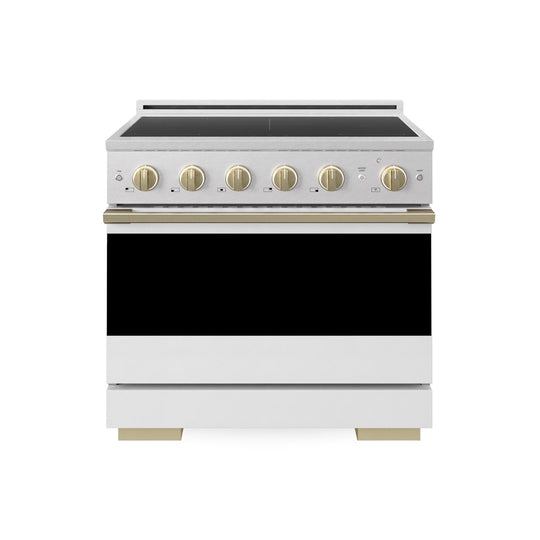 ZLINE Autograph Edition 36 in. 5.2 cu. ft. Marino Induction Range with 5 Element Cooktop and Electric Convection Oven in Satin Stainless Steel with White Matte Door and Champagne Bronze Accents (MINRSZ-WM-36-CB)