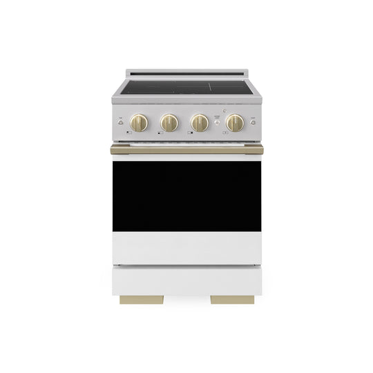 ZLINE Autograph Edition 24 in. 3.2 cu. ft. Marino Induction Range with 3 Element Cooktop and Electric Convection Oven in Stainless Steel with White Matte Door and Champagne Bronze Accents (MINRZ-WM-24-CB)