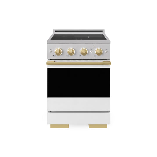 ZLINE Autograph Edition 24 in. 3.2 cu. ft. Marino Induction Range with 3 Element Cooktop and Electric Convection Oven in Stainless Steel with White Matte Door and Polished Gold Accents (MINRZ-WM-24-G)