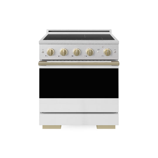 ZLINE Autograph Edition 30 in. 4.2 cu. ft. Marino Induction Range with 4 Element Cooktop and Electric Convection Oven in Satin Stainless Steel with White Matte Door and Champagne Bronze Accents (MINRSZ-WM-30-CB)