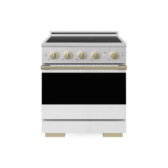 ZLINE Autograph Edition 30 in. 4.2 cu. ft. Marino Induction Range with 4 Element Cooktop and Electric Convection Oven in Stainless Steel with White Matte Door and Champagne Bronze Accents (MINRZ-WM-30-CB)