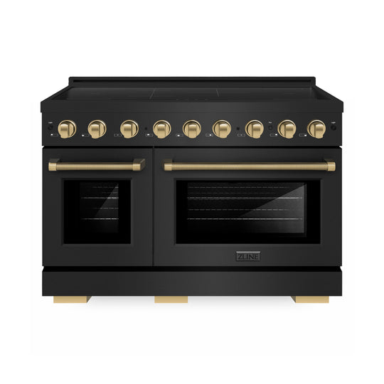 ZLINE Autograph Edition 48 in. 6.7 cu. ft. Paramount Induction Range with 7 Element Cooktop and Dual Ovens in Black Stainless Steel with Champagne Bronze Helix Handles and Knob Accents (SINRBZ-48-KCB)