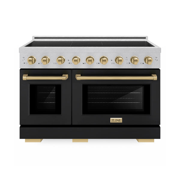 ZLINE Autograph Edition 48 in. 6.7 cu. ft. Paramount Induction Range with 7 Element Cooktop and Dual Ovens in Satin Stainless Steel with Black Matte Doors and Champagne Bronze Accents (SINRSZ-BLM48-CB)