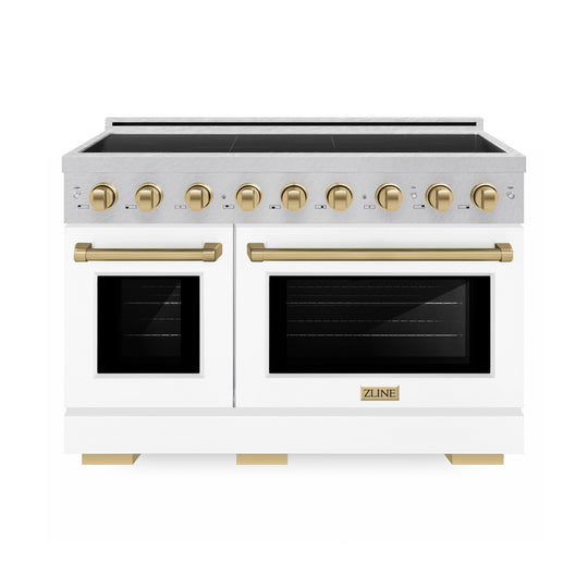 ZLINE Autograph Edition 48 in. 6.7 cu. ft. Paramount Induction Range with 7 Element Cooktop and Dual Ovens in Satin Stainless Steel with White Matte Doors and Champagne Bronze Accents (SINRSZ-WM-48-CB)