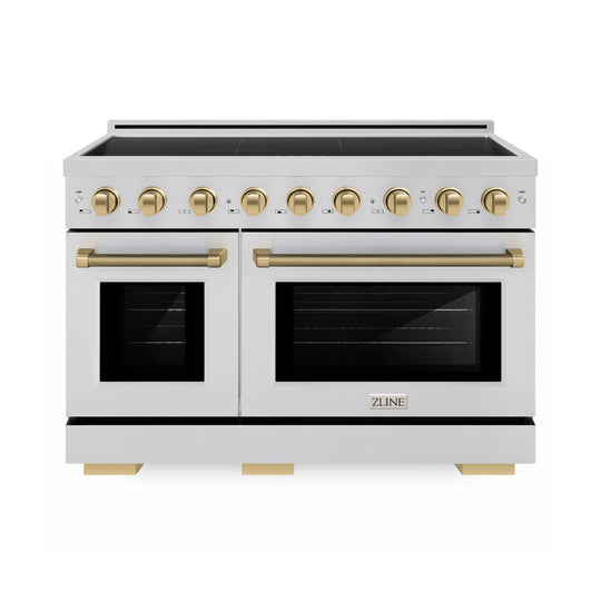 ZLINE Autograph Edition 48 in. 6.7 cu. ft. Paramount Induction Range with 7 Element Cooktop and Dual Ovens in Stainless Steel with Champagne Bronze Helix Handles and Knob Accents (SINRZ-48-KCB)