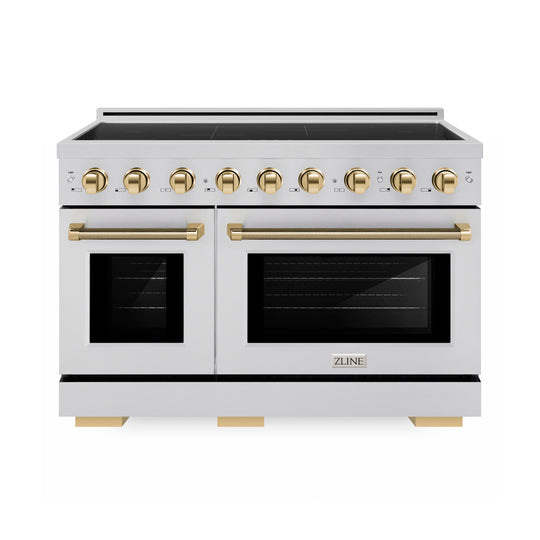 ZLINE Autograph Edition 48 in. 6.7 cu. ft. Paramount Induction Range with 7 Element Cooktop and Dual Ovens in Stainless Steel with Polished Gold Helix Handles and Knob Accents (SINRZ-48-KG)