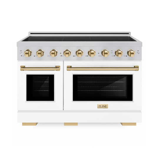 ZLINE Autograph Edition 48 in. 6.7 cu. ft. Paramount Induction Range with 7 Element Cooktop and Dual Ovens in Stainless Steel with White Matte Doors and Polished Gold Accents (SINRZ-WM-48-G)
