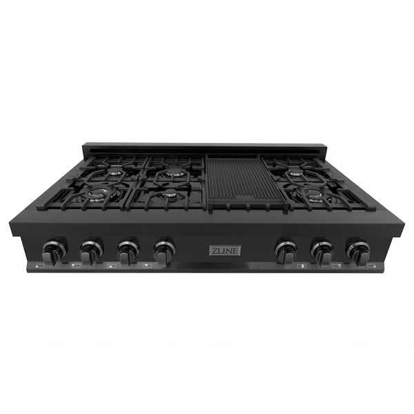 ZLINE Autograph Edition 48 in. Legacy Gas Rangetop with 7 Burners and Porcelain Cooktop in Black Stainless Steel with Polished Gold Accents, Open Box-Great Condition