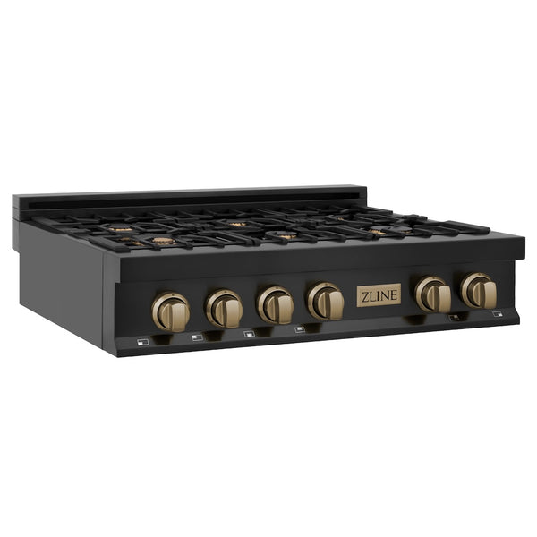 ZLINE Autograph Edition 36 in. Legacy Gas Rangetop with 6 Burners and Porcelain Cooktop in Black Stainless Steel with Champagne Bronze Accents, Open Box-Great Condition