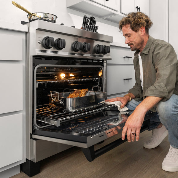 ZLINE Autograph Edition 30 in. 4.0 cu. ft. Legacy Dual Fuel Range with 4 Burner Gas Cooktop and Electric Convection Oven in Stainless Steel and Matte Black Accents, Open Box-Great Condition
