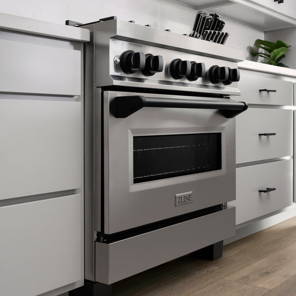 ZLINE Autograph Edition 30 in. 4.0 cu. ft. Legacy Dual Fuel Range with 4 Burner Gas Cooktop and Electric Convection Oven in Stainless Steel and Matte Black Accents, Open Box-Great Condition
