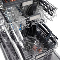 ZLINE Autograph Edition 24 in. Monument Series 3rd Rack Top Touch Control Tall Tub Dishwasher in Black Matte with Champagne Bronze Handle, 45dBa (DWMTZ-BLM-24-CB) close-up, dishes loaded on dish racks.