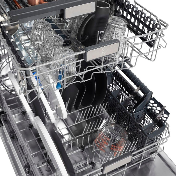 ZLINE Autograph Edition 24 in. Monument Series 3rd Rack Top Touch Control Tall Tub Dishwasher in Black Matte with Champagne Bronze Handle, 45dBa (DWMTZ-BLM-24-CB) close-up, dishes loaded on dish racks.