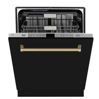 ZLINE Autograph Edition 24" Monument Series 3rd Rack Top Touch Control Tall Tub Dishwasher in Black Matte with Champagne Bronze Handle, 45dBa (DWMTZ-BLM-24-CB)