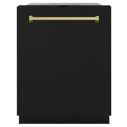 ZLINE Autograph Edition 24 in. Monument Series 3rd Rack Top Touch Control Tall Tub Dishwasher in Black Matte with Champagne Bronze Handle, 45dBa (DWMTZ-BLM-24-CB) front, closed.