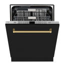 ZLINE Autograph Edition 24" Monument Series 3rd Rack Top Touch Control Tall Tub Dishwasher in Black Matte with Polished Gold Handle, 45dBa (DWMTZ-BLM-24-G)