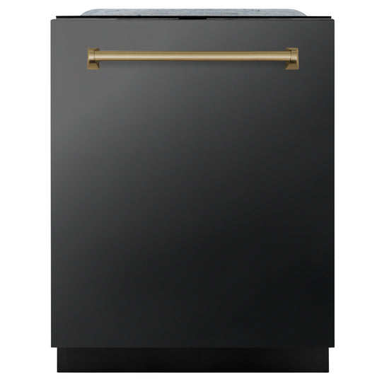 ZLINE Autograph Edition 24" Monument Series 3rd Rack Top Touch Control Tall Tub Dishwasher in Black Stainless Steel with Champagne Bronze Handle, 45dBa (DWMTZ-BS-24-CB)