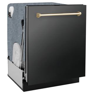 ZLINE Autograph Edition 24" Monument Series 3rd Rack Top Touch Control Tall Tub Dishwasher in Black Stainless Steel with Polished Gold Handle, 45dBa (DWMTZ-BS-24-G)