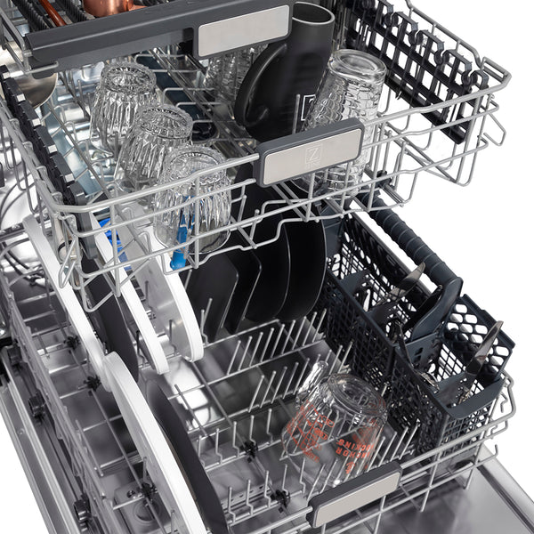 ZLINE Autograph Edition 24 in. Monument Series 3rd Rack Top Touch Control Tall Tub Dishwasher in Black Stainless Steel with Polished Gold Helix Handle, 45dBa (DWMTZ-BS-24-KG)