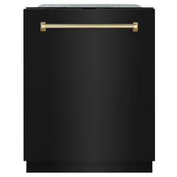 ZLINE Autograph Edition 24 in. Monument Series 3rd Rack Top Touch Control Tall Tub Dishwasher in Black Stainless Steel with Polished Gold Helix Handle, 45dBa (DWMTZ-BS-24-KG)