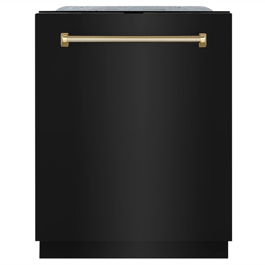 ZLINE Autograph Edition 24 in. Monument Series 3rd Rack Top Touch Control Tall Tub Dishwasher in Black Stainless Steel with Polished Gold Helix Handle, 45dBa (DWMTZ-BS-24-KG)