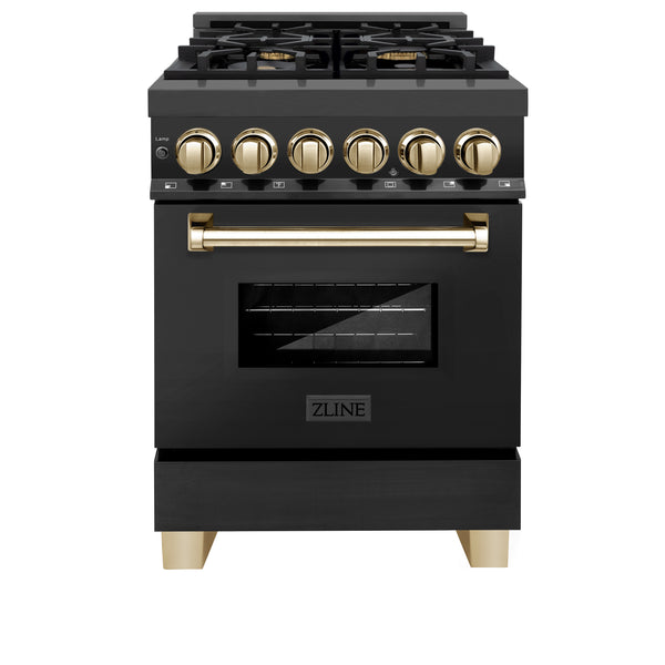 ZLINE Autograph Edition 24" 2.8 cu. ft. Dual Fuel Range with Gas Stove and Electric Oven in Black Stainless Steel with Polished Gold Accents (RABZ-24)