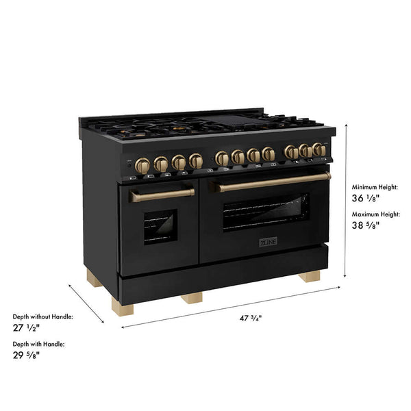 ZLINE Autograph Edition 48 in. 6.0 cu. ft. Legacy Dual Fuel Range with 7 Burner Gas Cooktop and 2 Electric Ovens in Black Stainless Steel and Champagne Bronze Accents, Open Box-Good Condition dimensional diagram.
