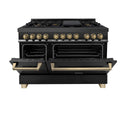 ZLINE Autograph Edition 48 in. 6.0 cu. ft. Legacy Dual Fuel Range with 7 Burner Gas Cooktop and 2 Electric Ovens in Black Stainless Steel and Champagne Bronze Accents, Open Box-Good Condition