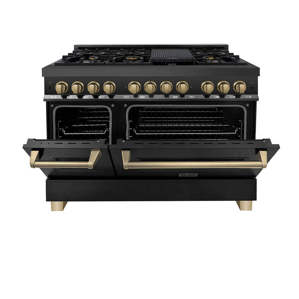 ZLINE Autograph Edition 48 in. 6.0 cu. ft. Legacy Dual Fuel Range with 7 Burner Gas Cooktop and 2 Electric Ovens in Black Stainless Steel and Champagne Bronze Accents, Open Box-Good Condition