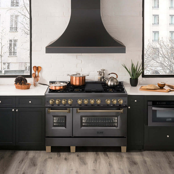 ZLINE Autograph Edition 48 in. 6.0 cu. ft. Legacy Dual Fuel Range with 7 Burner Gas Cooktop and 2 Electric Ovens in Black Stainless Steel and Champagne Bronze Accents, Open Box-Good Condition