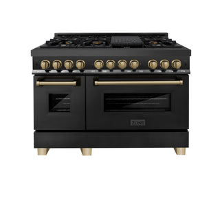 Buy champagne-bronze ZLINE Autograph Edition 48&quot; 6.0 cu. ft. Dual Fuel Range with Gas Stove and Electric Oven in Black Stainless Steel with Accents (RABZ-48)