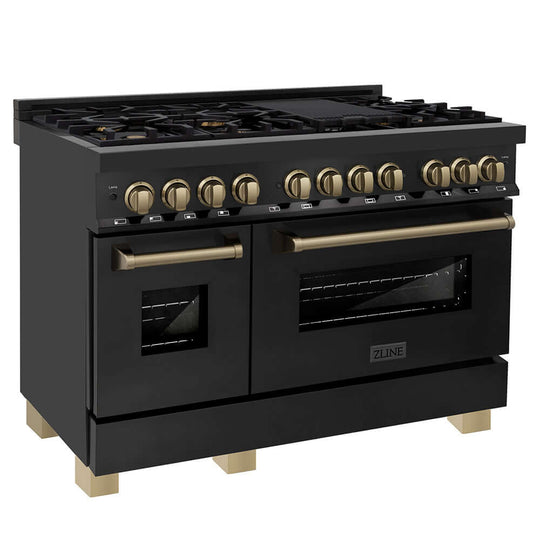 ZLINE Autograph Edition 48 in. 6.0 cu. ft. Legacy Dual Fuel Range with 7 Burner Gas Cooktop and 2 Electric Ovens in Black Stainless Steel and Champagne Bronze Accents, Open Box-Good Condition