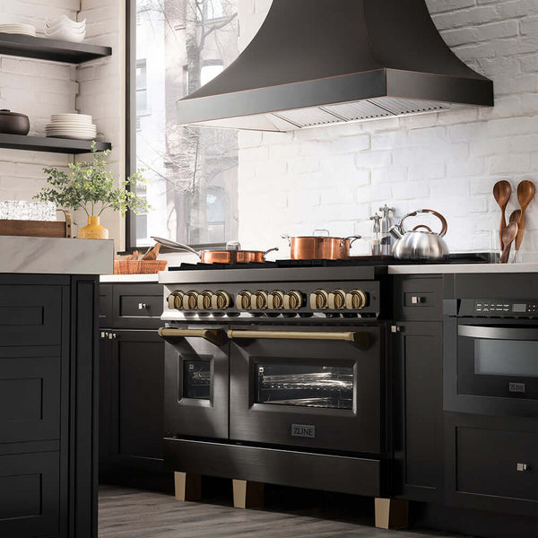 ZLINE Autograph Edition 48 in. 6.0 cu. ft. Legacy Dual Fuel Range with 7 Burner Gas Cooktop and 2 Electric Ovens in Black Stainless Steel and Champagne Bronze Accents, Open Box-Good Condition